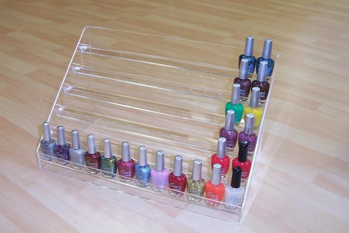 Features: This acrylic nail polish stand holds up to 72 bottles in 6 shelves